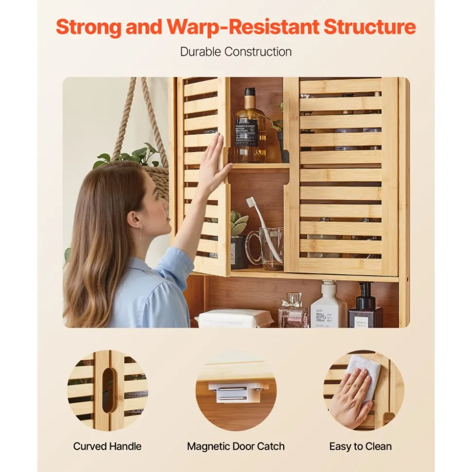 VEVOR Bathroom Wall Cabinet, 2 Doors and Adjustable Shelf, Over the Toilet Storage Medicine Cabinet Wall Mounted, Hanging Organizer with Shelves and Open Partition for Laundry Room Kitchen Restroom