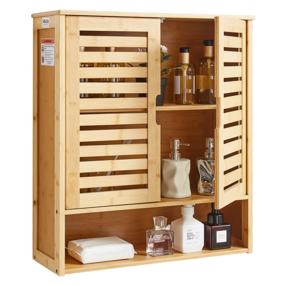 VEVOR Bathroom Wall Cabinet, 2 Doors and Adjustable Shelf, Over the Toilet Storage Medicine Cabinet Wall Mounted, Hanging Organizer with Shelves and Open Partition for Laundry Room Kitchen Restroom