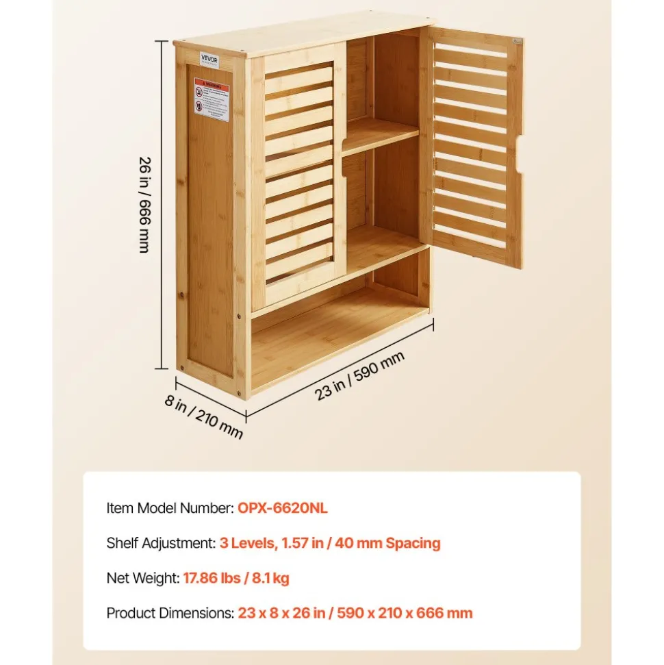 VEVOR Bathroom Wall Cabinet, 2 Doors and Adjustable Shelf, Over the Toilet Storage Medicine Cabinet Wall Mounted, Hanging Organizer with Shelves and Open Partition for Laundry Room Kitchen Restroom