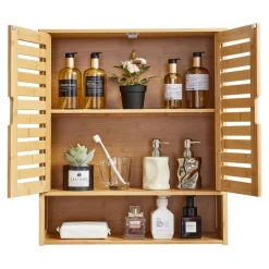 VEVOR Bathroom Wall Cabinet, 2 Doors and Adjustable Shelf, Over the Toilet Storage Medicine Cabinet Wall Mounted, Hanging Organizer with Shelves and Open Partition for Laundry Room Kitchen Restroom