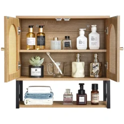 VEVOR Bathroom Wall Cabinet, with 2 Doors and Adjustable Shelf, Over the Toilet Storage Medicine Cabinet Wall Mounted, Hanging Organizer with Shelves & Open Partition for Laundry Room Kitchen Restroom