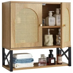 VEVOR Bathroom Wall Cabinet, with 2 Doors and Adjustable Shelf, Over the Toilet Storage Medicine Cabinet Wall Mounted, Hanging Organizer with Shelves & Open Partition for Laundry Room Kitchen Restroom