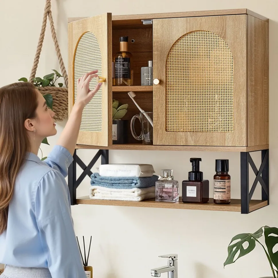 VEVOR Bathroom Wall Cabinet, with 2 Doors and Adjustable Shelf, Over the Toilet Storage Medicine Cabinet Wall Mounted, Hanging Organizer with Shelves & Open Partition for Laundry Room Kitchen Restroom