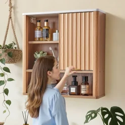 VEVOR Bathroom Wall Cabinet, with Door and Adjustable Shelf, Over the Toilet Storage Medicine Cabinet Wall Mounted, Hanging Organizer with Shelves and Open Partition for Laundry Room Kitchen Restroom
