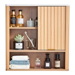 VEVOR Bathroom Wall Cabinet, with Door and Adjustable Shelf, Over the Toilet Storage Medicine Cabinet Wall Mounted, Hanging Organizer with Shelves and Open Partition for Laundry Room Kitchen Restroom