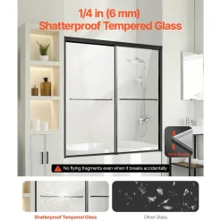 VEVOR Bathtub Shower Door, 56-60 in. W x 60 in. H, Semi-Frameless Double Sliding Tub Door, Semi-Frameless Bypass Tub Door with 1/4 in Shatterproof Tempered Glass and Stainless Steel Handle, Black