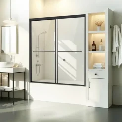 VEVOR Bathtub Shower Door, 56-60 in. W x 60 in. H, Semi-Frameless Double Sliding Tub Door, Semi-Frameless Bypass Tub Door with 1/4 in Shatterproof Tempered Glass and Stainless Steel Handle, Black