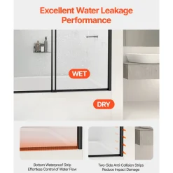 VEVOR Bathtub Shower Door, 56-60 in. W x 60 in. H, Semi-Frameless Double Sliding Tub Door, Semi-Frameless Bypass Tub Door with 1/4 in Shatterproof Tempered Glass and Stainless Steel Handle, Black