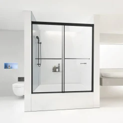 VEVOR Bathtub Shower Door, 56-60 in. W x 60 in. H, Semi-Frameless Double Sliding Tub Door, Semi-Frameless Bypass Tub Door with 1/4 in Shatterproof Tempered Glass and Stainless Steel Handle, Black