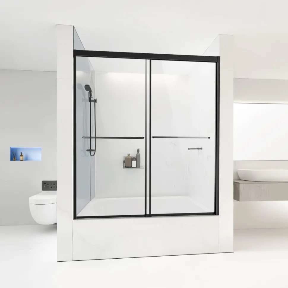 VEVOR Bathtub Shower Door, 56-60 in. W x 60 in. H, Semi-Frameless Double Sliding Tub Door, Semi-Frameless Bypass Tub Door with 1/4 in Shatterproof Tempered Glass and Stainless Steel Handle, Black