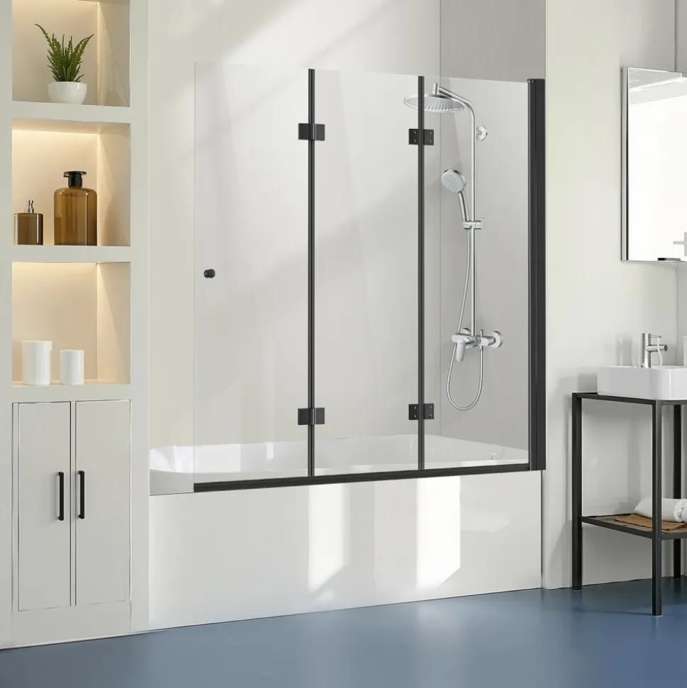 VEVOR Bathtub Shower Door, 51 in. W x 56 in. H, Frameless Foldable Hinged Shower Door, Tri-Fold Shower Glass Door with 1/4 in Tempered Glass Door, 180°Rotating and Folding Design, for Bathtub, Black