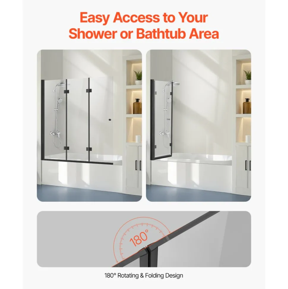VEVOR Bathtub Shower Door, 51 in. W x 56 in. H, Frameless Foldable Hinged Shower Door, Tri-Fold Shower Glass Door with 1/4 in Tempered Glass Door, 180°Rotating and Folding Design, for Bathtub, Black