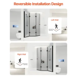 VEVOR Bathtub Shower Door, 51 in. W x 56 in. H, Frameless Foldable Hinged Shower Door, Tri-Fold Shower Glass Door with 1/4 in Tempered Glass Door, 180°Rotating and Folding Design, for Bathtub, Black