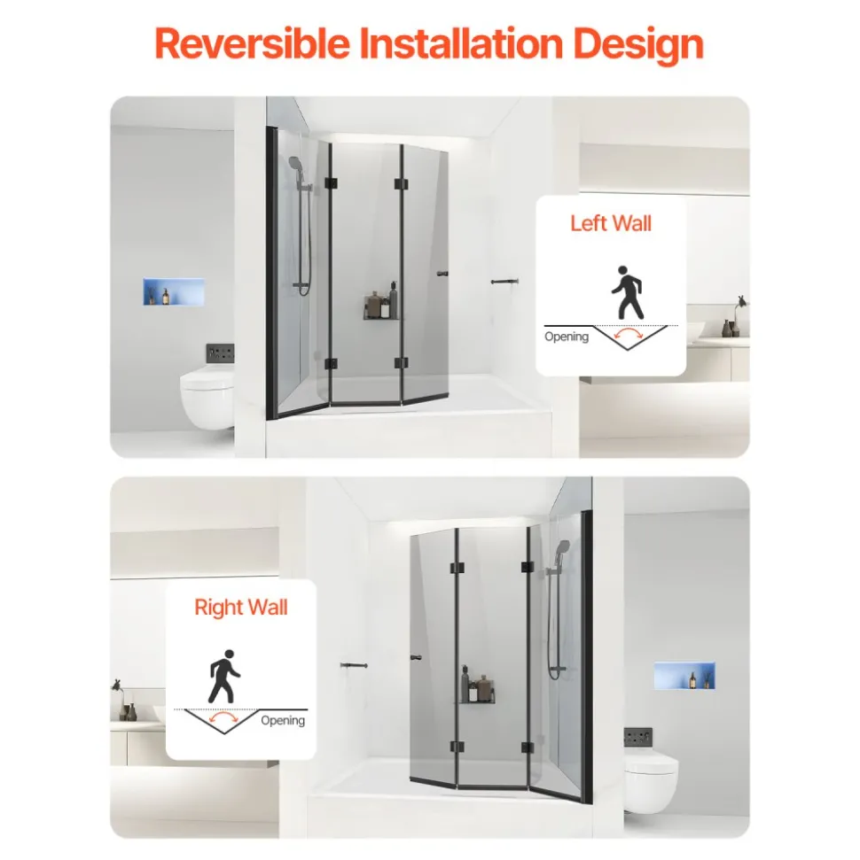 VEVOR Bathtub Shower Door, 51 in. W x 56 in. H, Frameless Foldable Hinged Shower Door, Tri-Fold Shower Glass Door with 1/4 in Tempered Glass Door, 180°Rotating and Folding Design, for Bathtub, Black