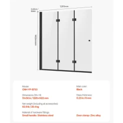 VEVOR Bathtub Shower Door, 51 in. W x 56 in. H, Frameless Foldable Hinged Shower Door, Tri-Fold Shower Glass Door with 1/4 in Tempered Glass Door, 180°Rotating and Folding Design, for Bathtub, Black