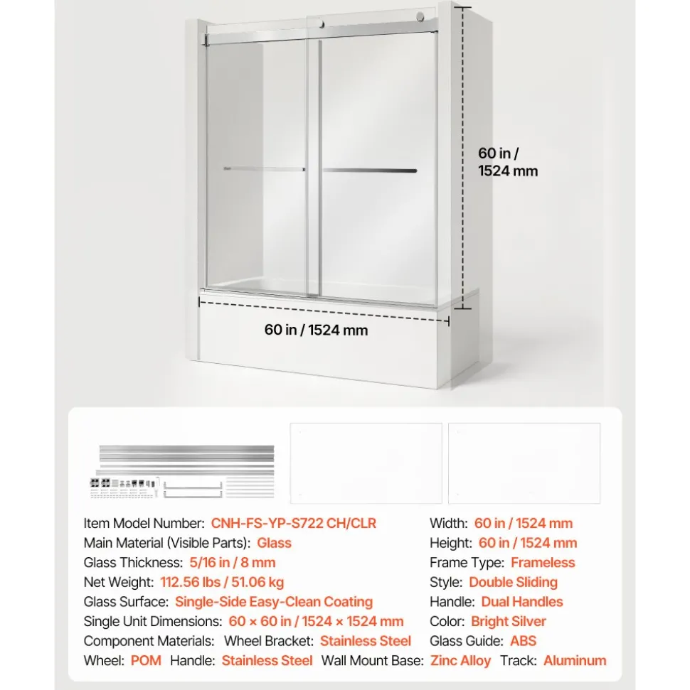 VEVOR Bathtub Shower Door 60"W x 60"H Frameless Bypass Sliding Doors Silver, 5/16" Clear Tempered Glass, Double Sliding Tub Shower Doors with 2 Stainless Steel Handles, Nano Coating, for Bathroom Tubs
