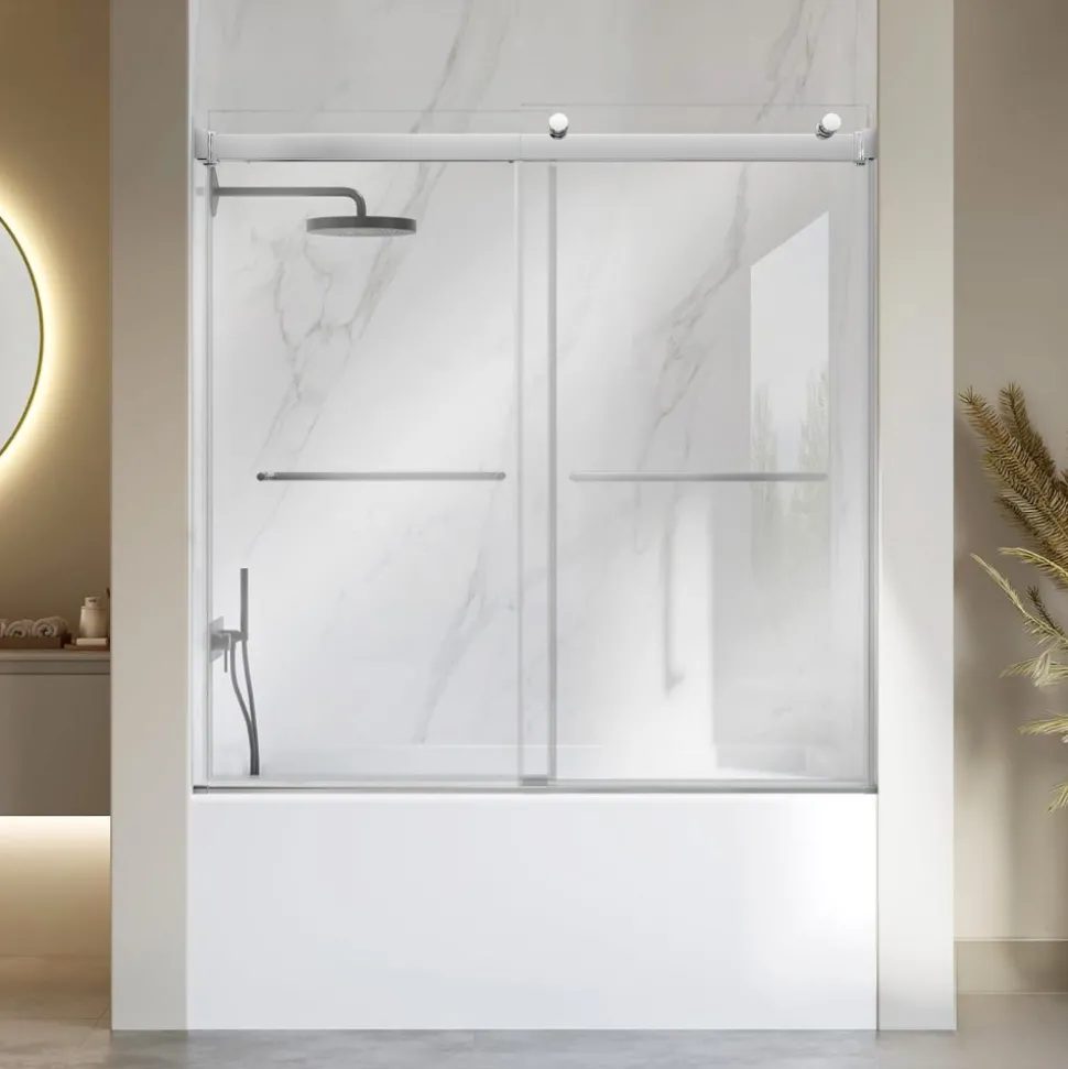 VEVOR Bathtub Shower Door 60"W x 60"H Frameless Bypass Sliding Doors Silver, 5/16" Clear Tempered Glass, Double Sliding Tub Shower Doors with 2 Stainless Steel Handles, Nano Coating, for Bathroom Tubs