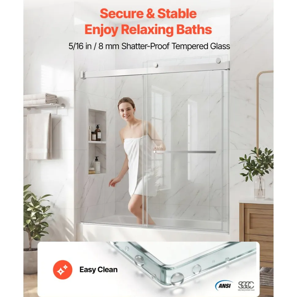 VEVOR Bathtub Shower Door 60"W x 60"H Frameless Bypass Sliding Doors Silver, 5/16" Clear Tempered Glass, Double Sliding Tub Shower Doors with 2 Stainless Steel Handles, Nano Coating, for Bathroom Tubs