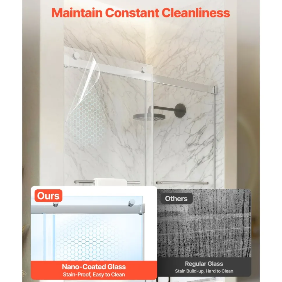 VEVOR Bathtub Shower Door 60"W x 60"H Frameless Bypass Sliding Doors Silver, 5/16" Clear Tempered Glass, Double Sliding Tub Shower Doors with 2 Stainless Steel Handles, Nano Coating, for Bathroom Tubs