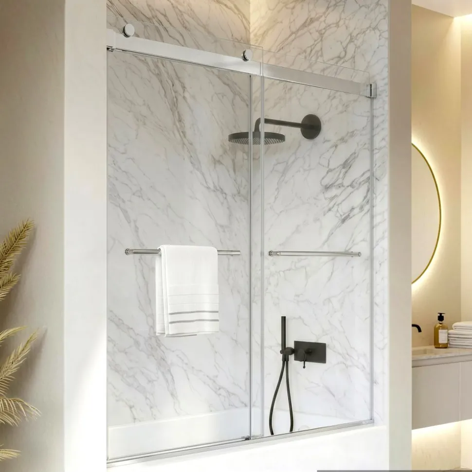 VEVOR Bathtub Shower Door 60"W x 60"H Frameless Bypass Sliding Doors Silver, 5/16" Clear Tempered Glass, Double Sliding Tub Shower Doors with 2 Stainless Steel Handles, Nano Coating, for Bathroom Tubs