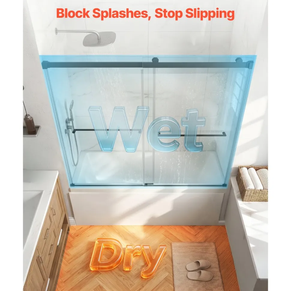 VEVOR Bathtub Shower Door 60"W x 60"H Frameless Bypass Sliding Doors Black, 5/16" Clear Tempered Glass, Double Sliding Tub Shower Doors with 2 Stainless Steel Handles, Nano Coating, for Bathroom Tubs
