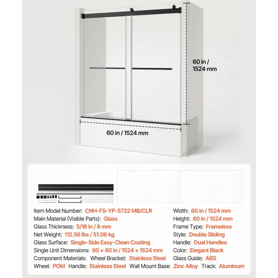 VEVOR Bathtub Shower Door 60"W x 60"H Frameless Bypass Sliding Doors Black, 5/16" Clear Tempered Glass, Double Sliding Tub Shower Doors with 2 Stainless Steel Handles, Nano Coating, for Bathroom Tubs
