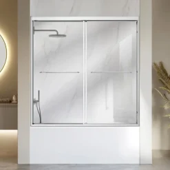 VEVOR Bathtub Shower Door 60" W x 60" H Semi-Frameless Bypass Sliding Doors, 1/4" Clear Tempered Glass, Aluminum Slim Frame, Double Sliding Tub Shower Doors with 2 Stainless Steel Handles, Silver
