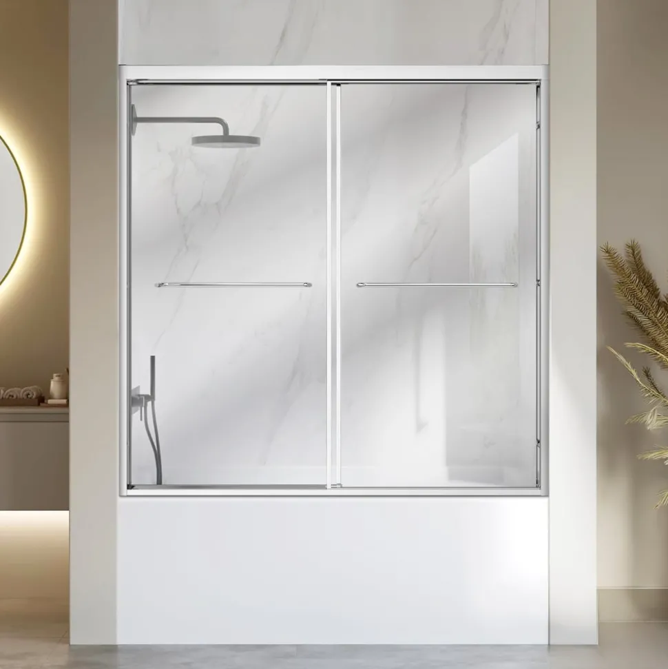 VEVOR Bathtub Shower Door 60" W x 60" H Semi-Frameless Bypass Sliding Doors, 1/4" Clear Tempered Glass, Aluminum Slim Frame, Double Sliding Tub Shower Doors with 2 Stainless Steel Handles, Silver
