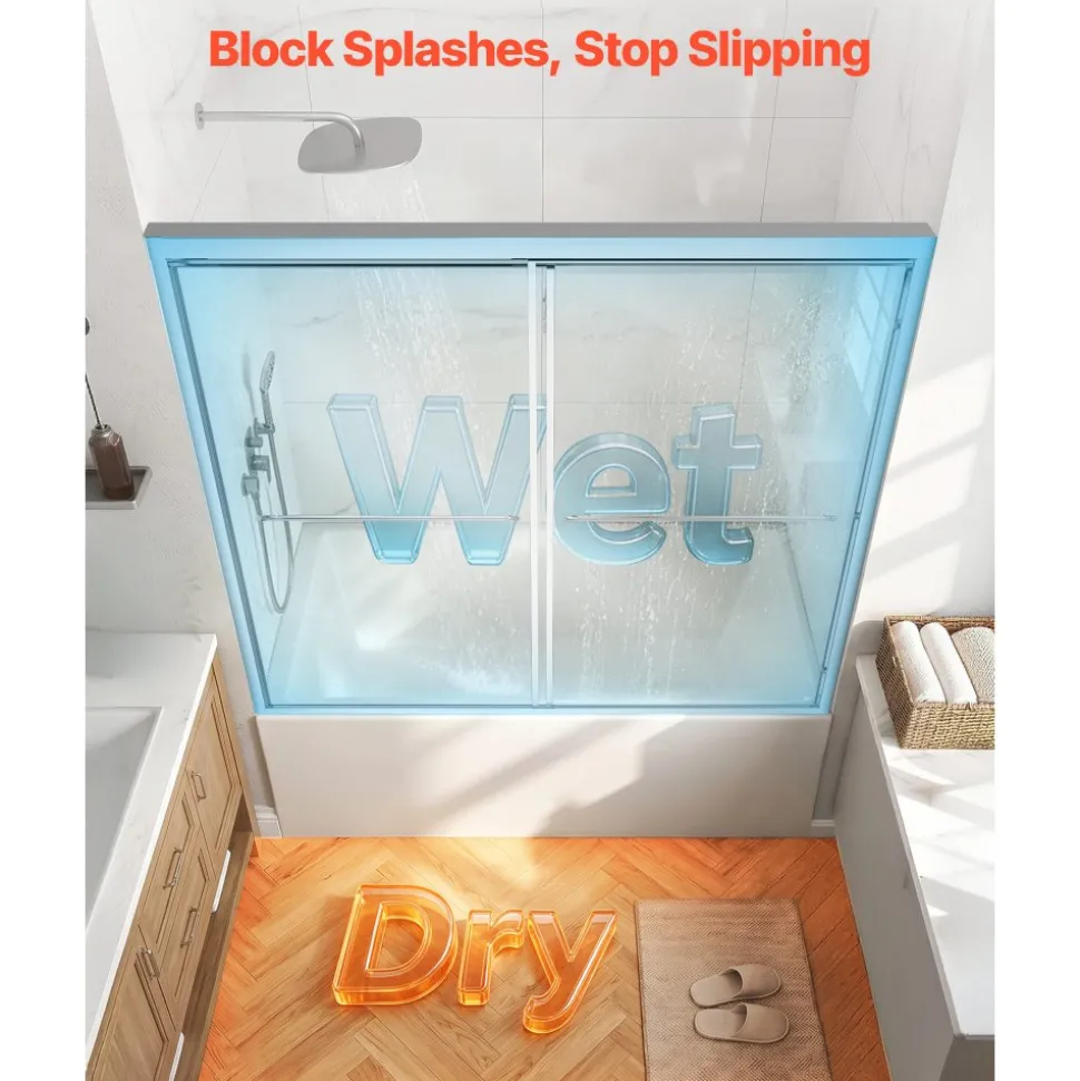 VEVOR Bathtub Shower Door 60" W x 60" H Semi-Frameless Bypass Sliding Doors, 1/4" Clear Tempered Glass, Aluminum Slim Frame, Double Sliding Tub Shower Doors with 2 Stainless Steel Handles, Silver