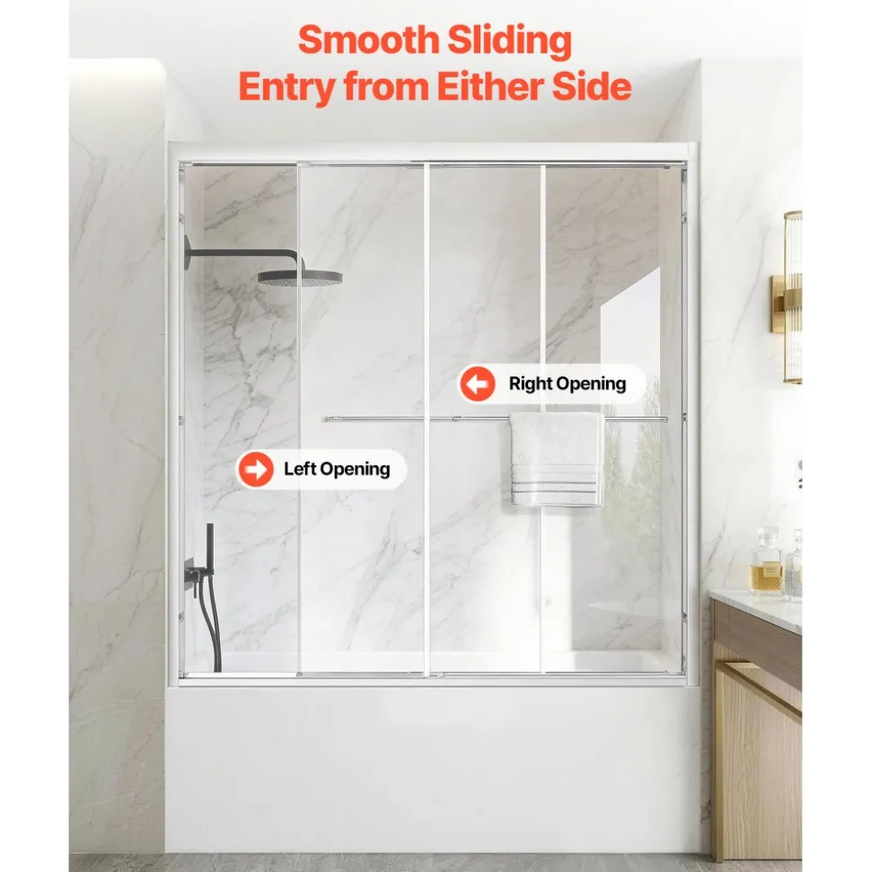 VEVOR Bathtub Shower Door 60" W x 60" H Semi-Frameless Bypass Sliding Doors, 1/4" Clear Tempered Glass, Aluminum Slim Frame, Double Sliding Tub Shower Doors with 2 Stainless Steel Handles, Silver