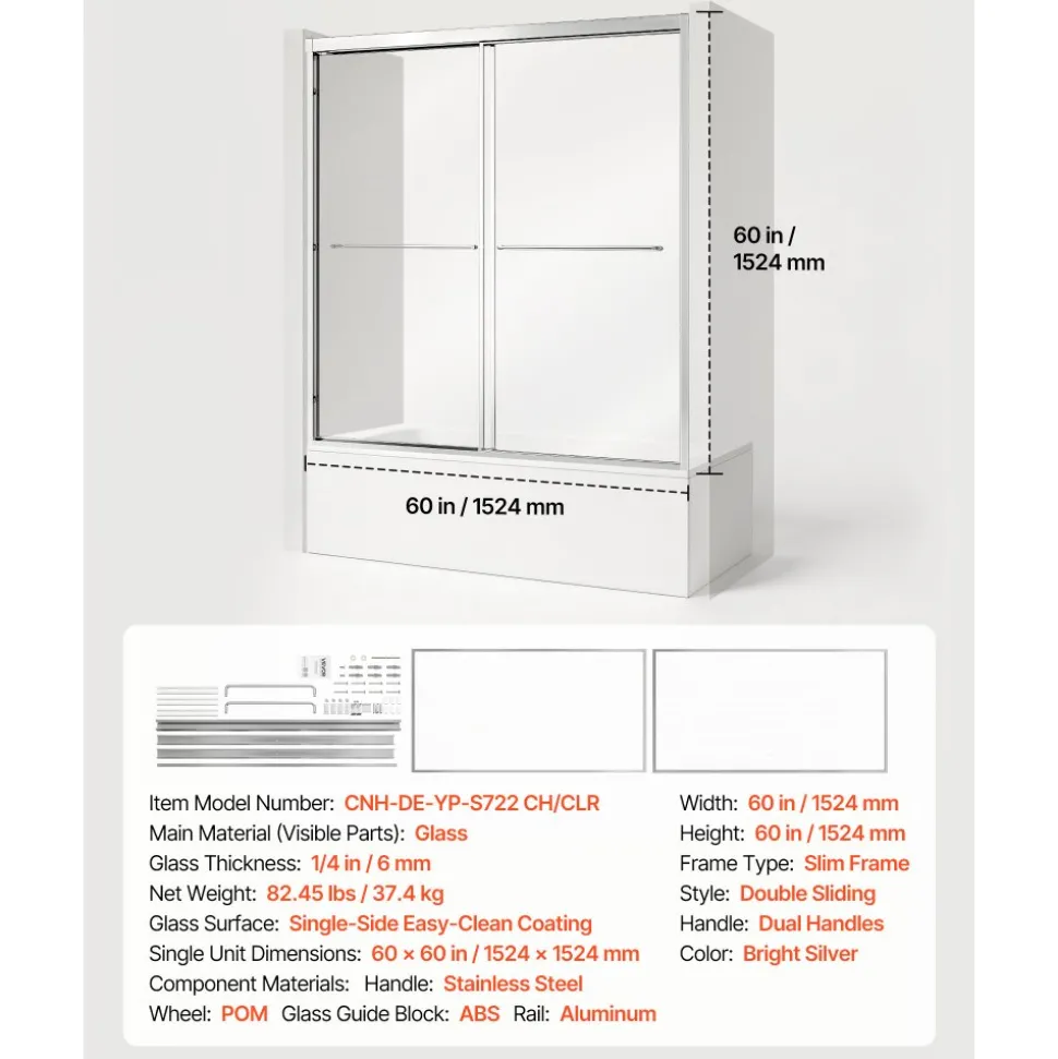 VEVOR Bathtub Shower Door 60" W x 60" H Semi-Frameless Bypass Sliding Doors, 1/4" Clear Tempered Glass, Aluminum Slim Frame, Double Sliding Tub Shower Doors with 2 Stainless Steel Handles, Silver