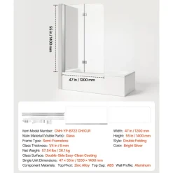 VEVOR Bathtub Shower Door 27.5"/47"W x 55"H Semi-Frameless Bi-Fold Tub Door, 1/4" Clear Tempered Glass, Easy-Clean Nano Coating, 180° Folding, 1 Fixed and 2 Foldable Panels, for Bathroom Tub, Silver