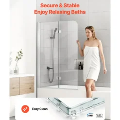 VEVOR Bathtub Shower Door 27.5"/47"W x 55"H Semi-Frameless Bi-Fold Tub Door, 1/4" Clear Tempered Glass, Easy-Clean Nano Coating, 180° Folding, 1 Fixed and 2 Foldable Panels, for Bathroom Tub, Silver