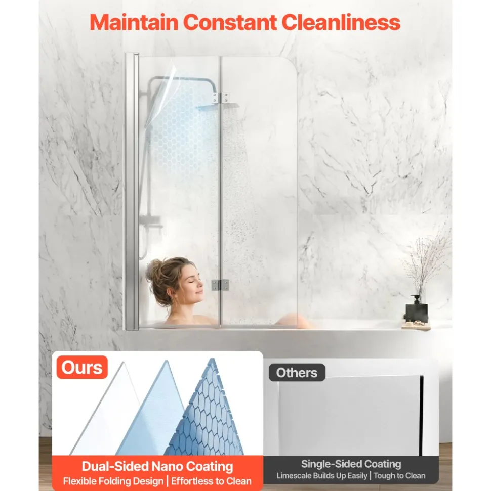 VEVOR Bathtub Shower Door 60" W x 60" H Semi-Frameless Sliding Door Black, 5/16" Thick Clear Tempered Glass, Sliding Tub Shower Door with 2 Stainless Steel Handles, Nano Coating, for Bathroom Tubs