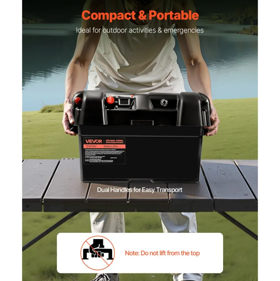 VEVOR Battery Box, Group 24/27 Trolling Motor Battery Box, 12V/24V Marine Batteries Case with PP Shell and Dual Straps, Smart Batteries Case, Suitable for Trolling Motor, Marine,RV & Solar Panel