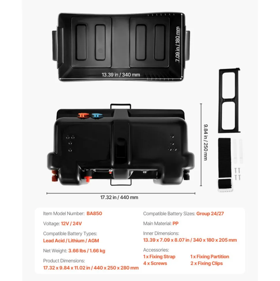 VEVOR Battery Box, Group 24/27 Trolling Motor Battery Box, 12V/24V Marine Batteries Case with PP Shell and Dual Straps, Smart Batteries Case, Suitable for Trolling Motor, Marine,RV & Solar Panel