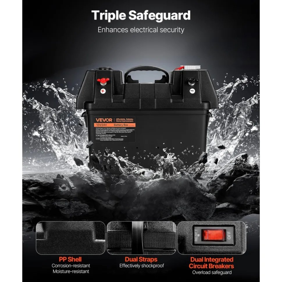 VEVOR Battery Box, Group 24/31 Trolling Motor Battery Box, 12V/24V Marine Batteries Case with PP Shell and Dual Straps, Smart Batteries Case, Suitable for Trolling Motor, Marine,RV & Solar Panel
