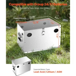 VEVOR Battery Box, Group 24/31 Trolling Motor Battery Box, Marine Batteries Case with Lock, Handles and Rubber-Grommet Cable Holes, Stainless Steel Shell, Suitable for Cars, Boats & Trolling Motors