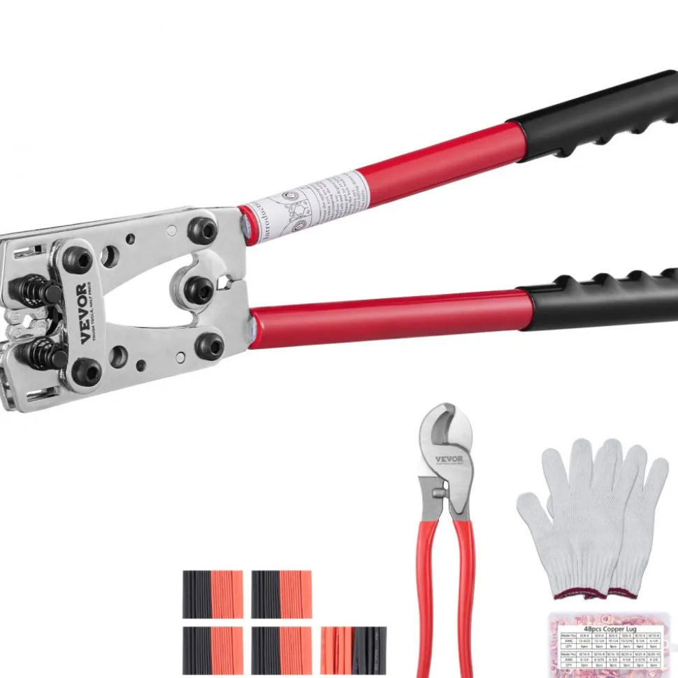 VEVOR Battery Cable Lug Crimping Tool, 10-1/0AWG with Cable Cutter and 48PCS Copper Ring Terminals, 6 Wire Sizes Crimping Die and 100pcs Heat Shrink Tubes, for Heavy Duty Wire Lugs