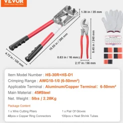 VEVOR Battery Cable Lug Crimping Tool, 10-1/0AWG with Cable Cutter and 48PCS Copper Ring Terminals, 6 Wire Sizes Crimping Die and 100pcs Heat Shrink Tubes, for Heavy Duty Wire Lugs