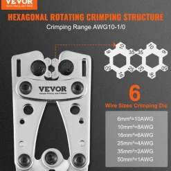 VEVOR Battery Cable Lug Crimping Tool, 10-1/0AWG with Cable Cutter and 48PCS Copper Ring Terminals, 6 Wire Sizes Crimping Die and 100pcs Heat Shrink Tubes, for Heavy Duty Wire Lugs