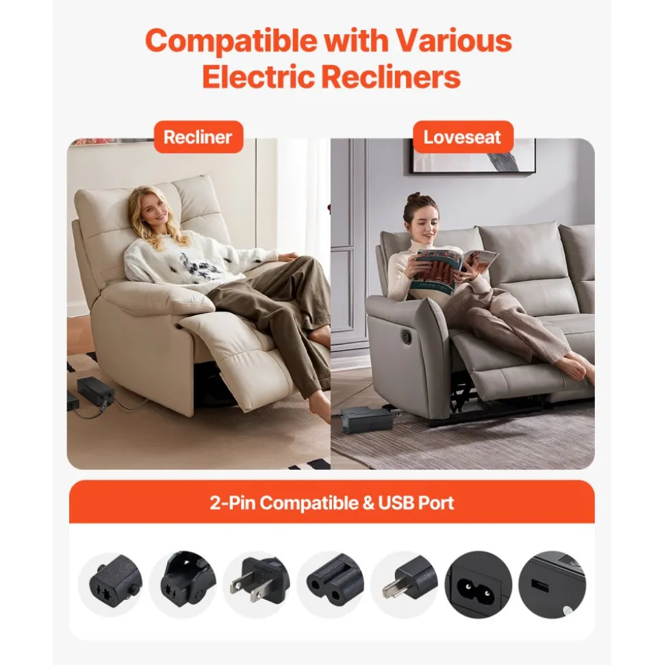 VEVOR Battery Pack for Reclining Furniture with Adapter, 5000 mAh Rechargeable Recliner Battery Pack with Universal 2-Pin Connector and LED Screen, for Electric Recliner, Sofa, Couch & Lift Chair