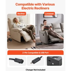 VEVOR Battery Pack for Reclining Furniture, 5000 mAh Rechargeable Recliner Battery Pack, with Universal 2-Pin Connection and LED Display Screen, for Electric Recliner, Sofa, Couch, and Lift Chair