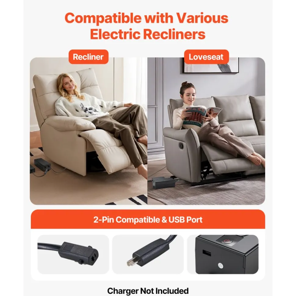VEVOR Battery Pack for Reclining Furniture, 5000 mAh Rechargeable Recliner Battery Pack, with Universal 2-Pin Connection and LED Display Screen, for Electric Recliner, Sofa, Couch, and Lift Chair
