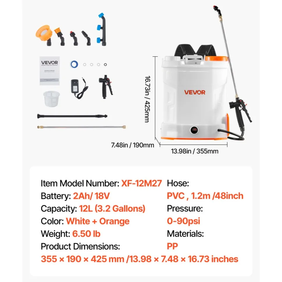 VEVOR Battery Powered Backpack Sprayer, 3.2 Gal Powerful Electric Backpack Sprayer, 2 Retractable Wands & 5 Nozzles, Adjustable 0-90 PSI, 2 Hour Runtime, Portable Weed Sprayers for Yard Garden Lawn