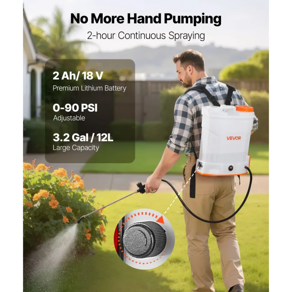 VEVOR Battery Powered Backpack Sprayer, 3.2 Gal Powerful Electric Backpack Sprayer, 2 Retractable Wands & 5 Nozzles, Adjustable 0-90 PSI, 2 Hour Runtime, Portable Weed Sprayers for Yard Garden Lawn