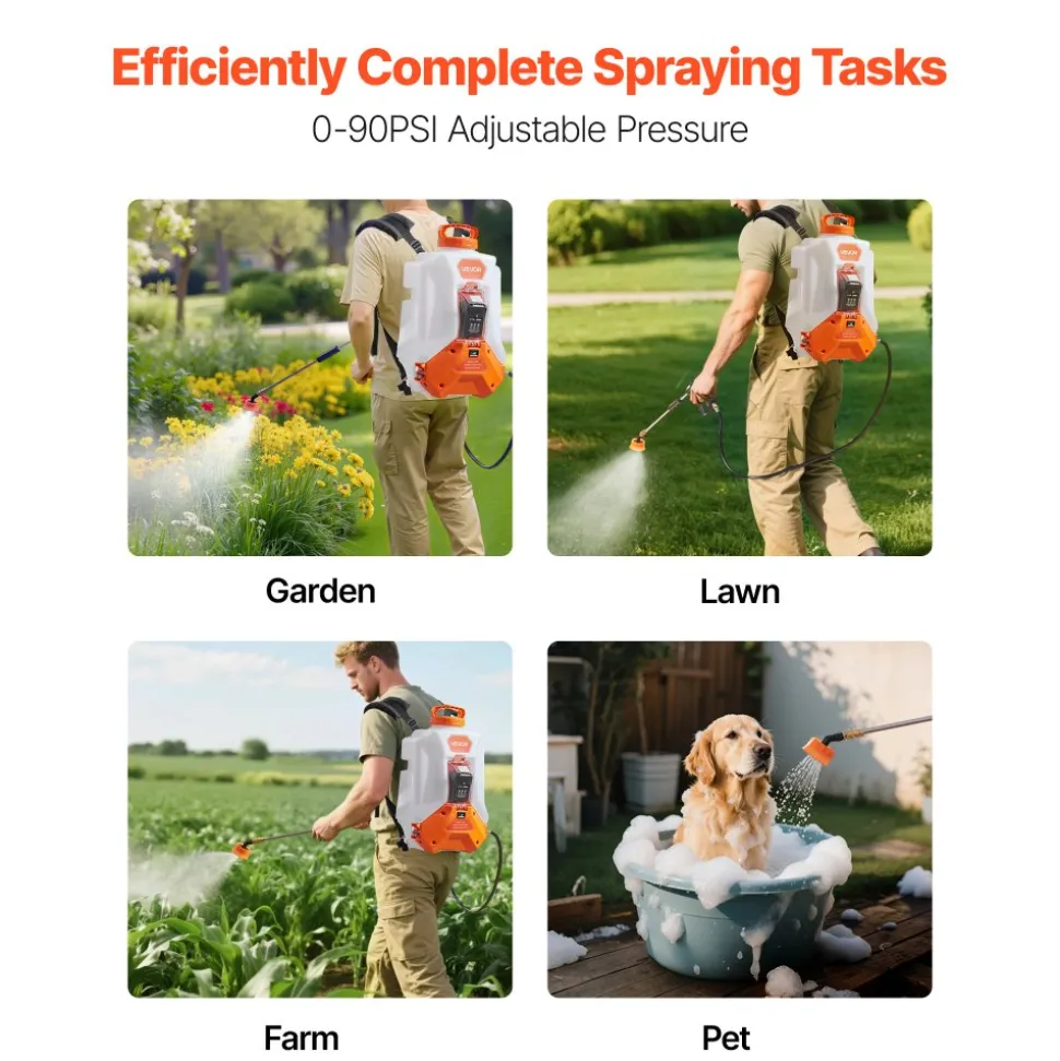 VEVOR Battery Powered Backpack Sprayer, 4 Gallons Electric Backpack Sprayer, 2 Wands & 8 Nozzles, Adjustable 0-90 PSI, 4H Runtime, Portable Yard Garden Lawn Sprayers for Weeding Spraying Cleaning
