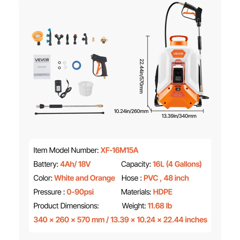 VEVOR Battery Powered Backpack Sprayer, 4 Gallons Electric Backpack Sprayer, 2 Wands & 8 Nozzles, Adjustable 0-90 PSI, 4H Runtime, Portable Yard Garden Lawn Sprayers for Weeding Spraying Cleaning