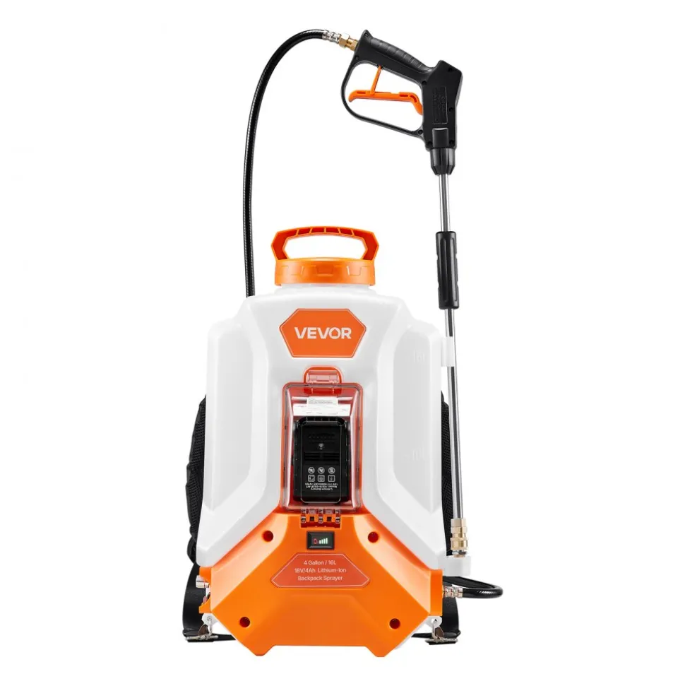 VEVOR Battery Powered Backpack Sprayer, 4 Gallons Electric Backpack Sprayer, 2 Wands & 8 Nozzles, Adjustable 0-90 PSI, 4H Runtime, Portable Yard Garden Lawn Sprayers for Weeding Spraying Cleaning