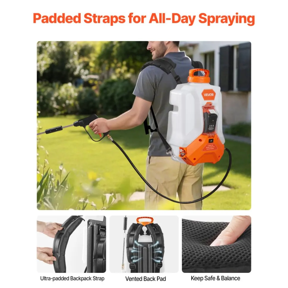 VEVOR Battery Powered Backpack Sprayer, 4 Gallons Electric Backpack Sprayer, 2 Wands & 8 Nozzles, Adjustable 0-90 PSI, 4H Runtime, Portable Yard Garden Lawn Sprayers for Weeding Spraying Cleaning